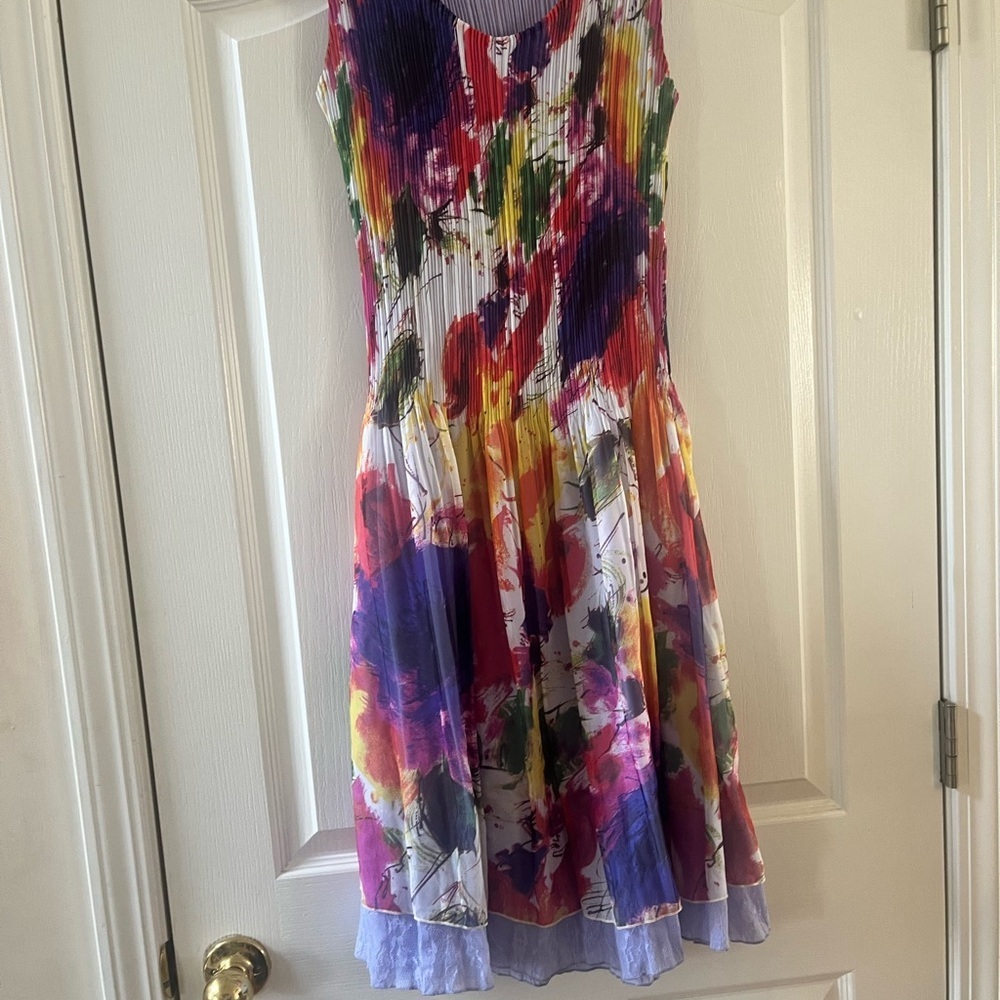 Colorful Floral Midi Dress with Ruffled Cardigan - Picture 2 of 7